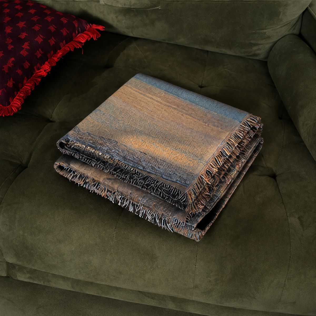 Lakeside Sunset woven throw folded on a deep green sofa, close-up view