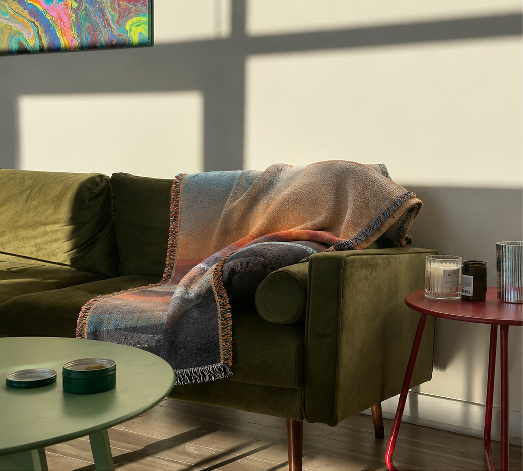 Lakeside Sunset woven throw styled on a deep green sofa in a sunlit living room